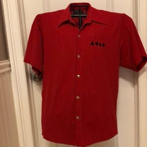 Vintage 1990”s Johnny Suede red polyester button down shirt